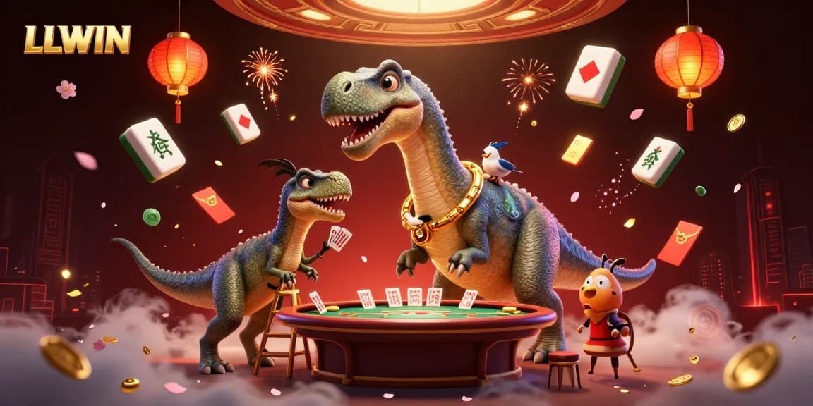 Join the thrilling adventures at LLWIN with a giant brontosaurus in a vibrant casino scene!