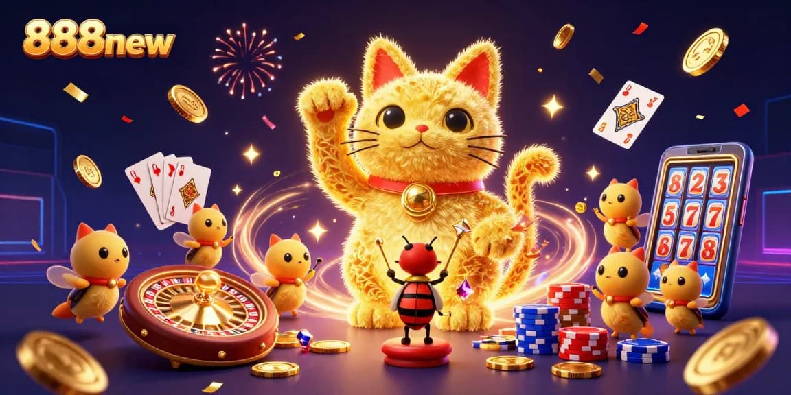 Engage with 888new's vibrant 3D illustration showcasing a lucky cat made of fireflies and casino elements.
