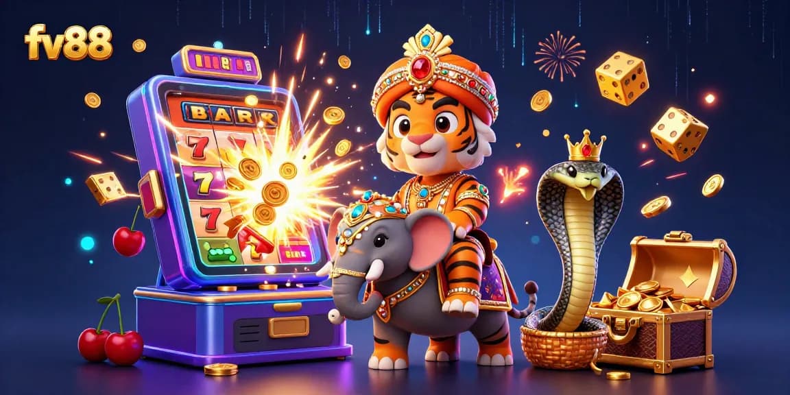 Experience the thrill of fv88 casino with a jackpot explosion in a vibrant, action-packed illustration.