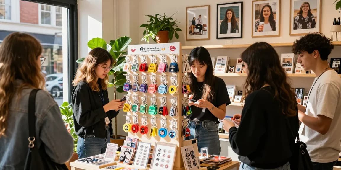 Custom Acrylic Diamond Keychains displayed in a trendy urban boutique, showcasing vibrant designs and an inviting shopping atmosphere.