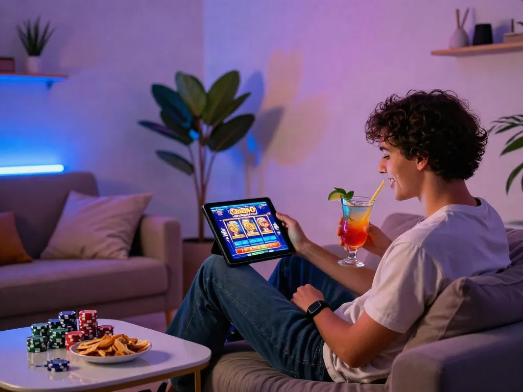 Exciting slot gacor gaming moment at home with vibrant lighting and cocktails