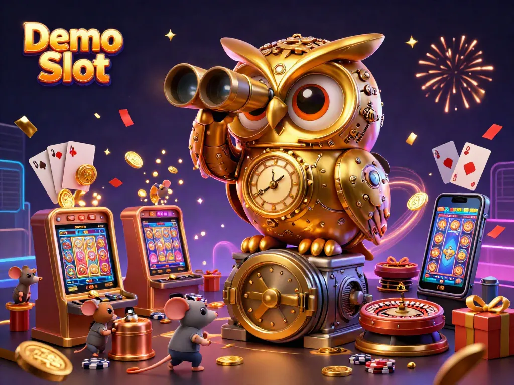 Experience the thrill with Demo Slot showcasing vibrant 3D illustrations of winning spins and casino fun.