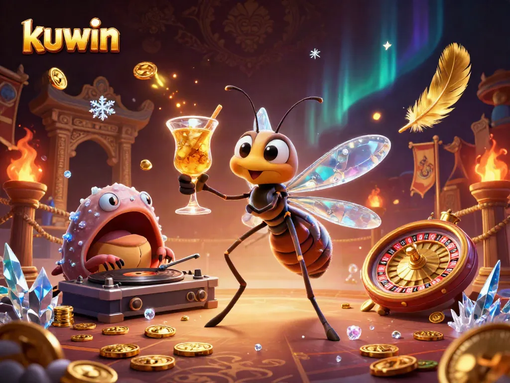 Kuwin showcases excitement with a dynamic casino scene featuring a mosquito mascot, a trilobite DJ, and golden roulette elements.