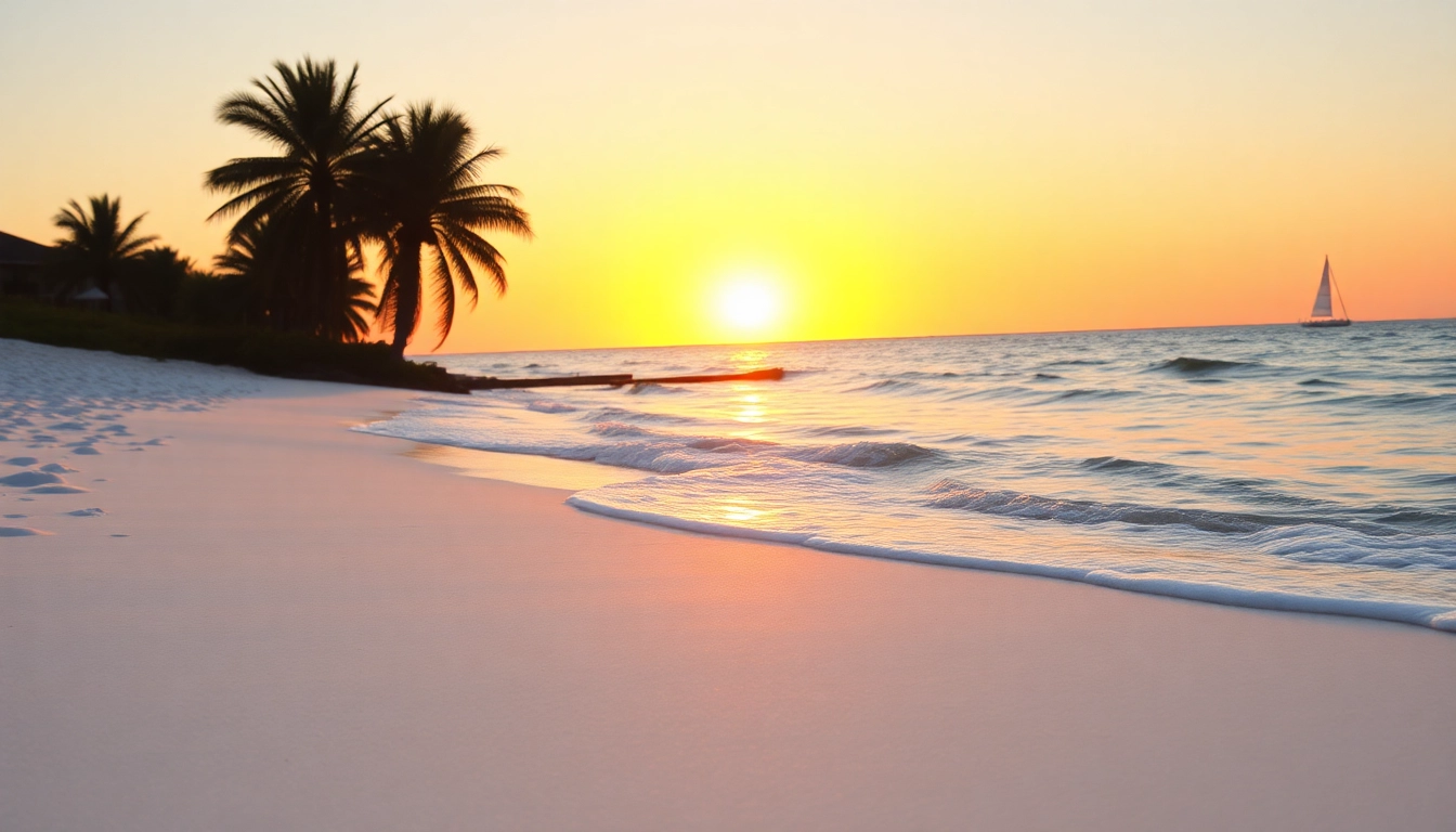 Relaxing sunset view of Pensacola FL beach with palm trees and calm waves.
