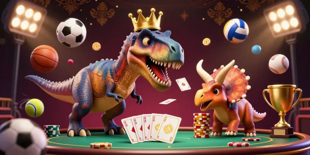 Engage with the onbet gaming experience through a dynamic illustration of T-Rex and friends playing cards and stacking chips.