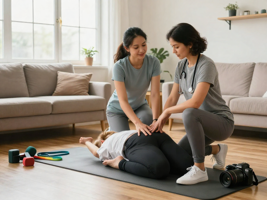 Mobile physiotherapy Mosman: Patient receiving care at home with professional physiotherapist, showcasing compassionate healthcare services.