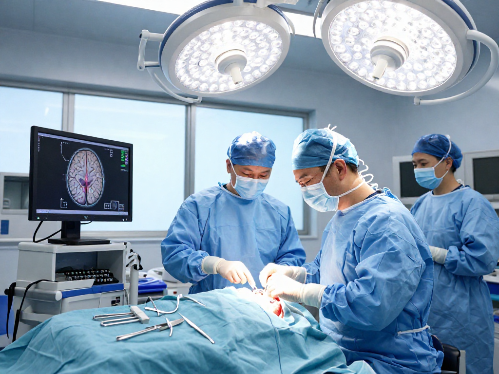 Beyin tümörü ameliyatı in an advanced surgical theater, showcasing a surgeon using neuronavigation technology and surgical precision.