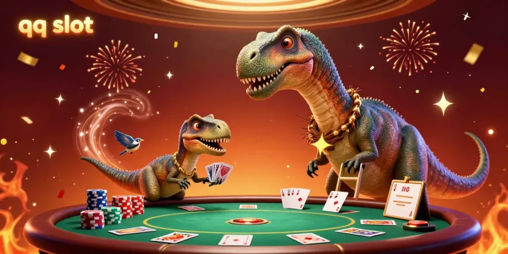 Experience the thrilling world of qq slot with a giant brontosaurus and clever raptor in a vibrant casino scene.
