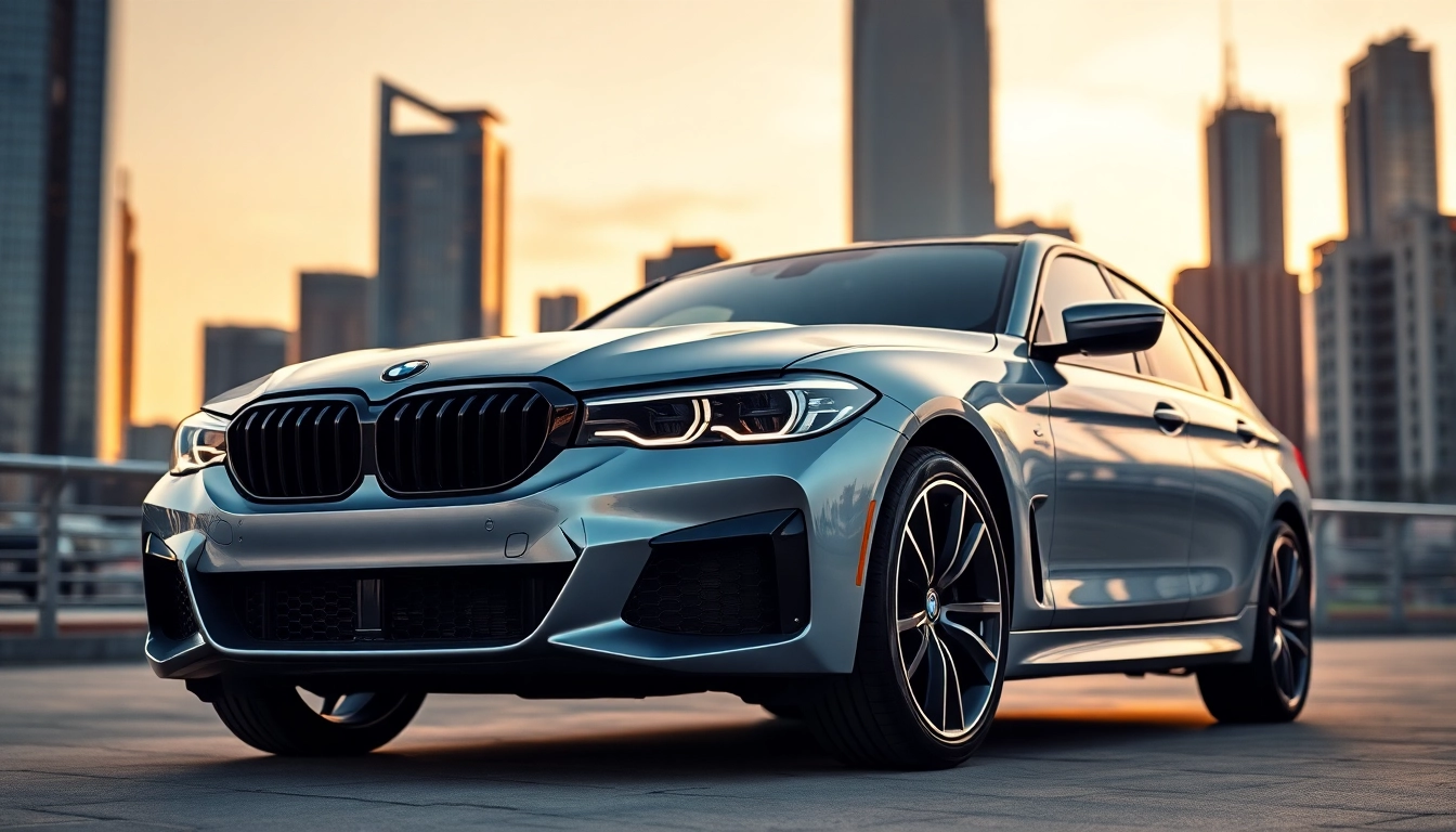 Luxury BMW car displayed in a modern urban setting, showcasing its elegance and design.