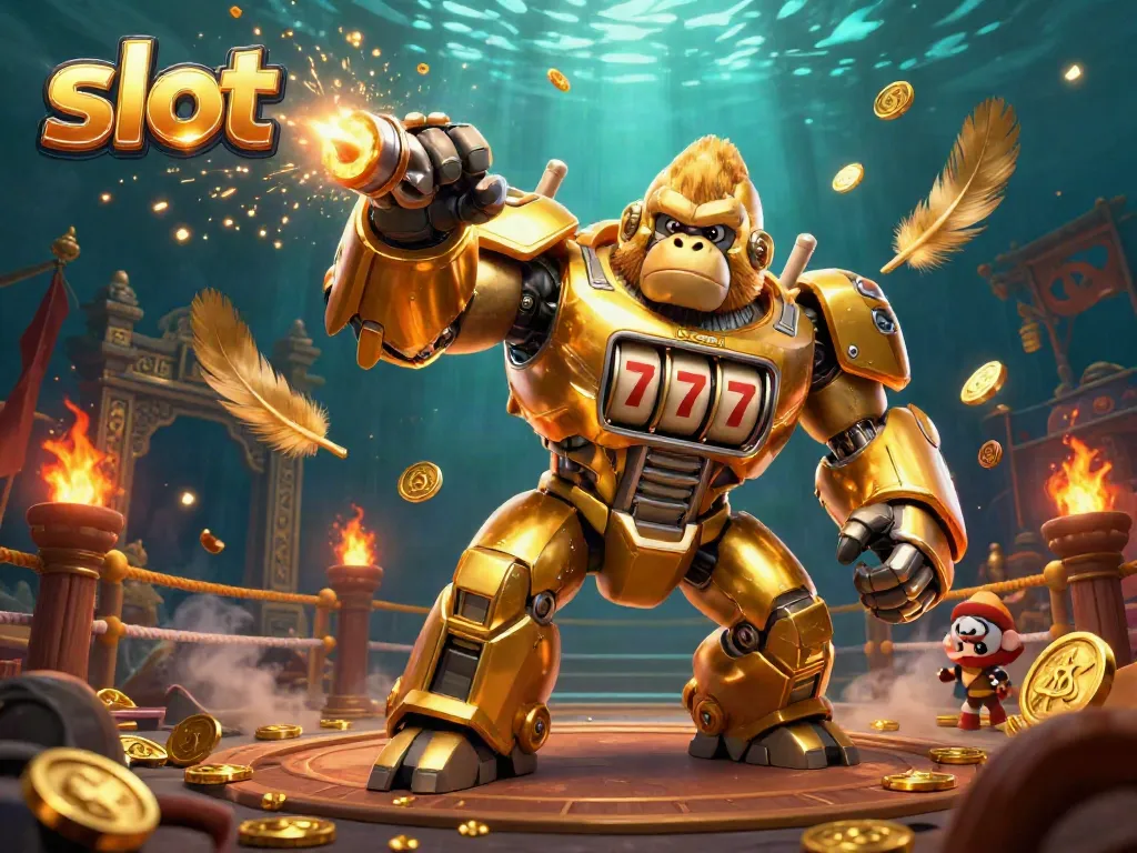 Slot bertema mekanik gorila menembak koin dengan latar belakang gelap dan efek dramatis.