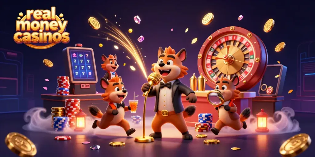 Experience the excitement of real money casinos with lively hyenas in a vibrant casino scene.