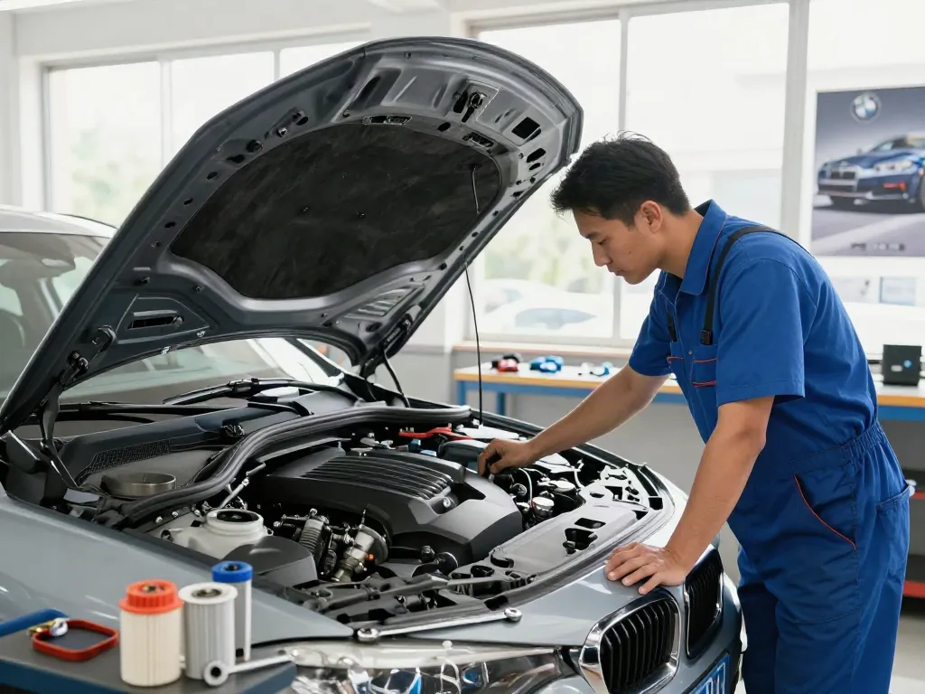 Mechaniker bei der Überprüfung der Motorsteuerkette bei einem BMW in einer gut beleuchteten Werkstatt.
