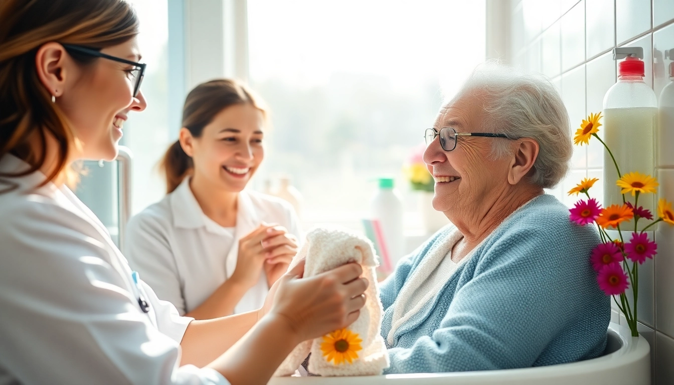 Providing grooming help for elderly austin, a caregiver aids an elderly person in a bright, comforting bathroom.