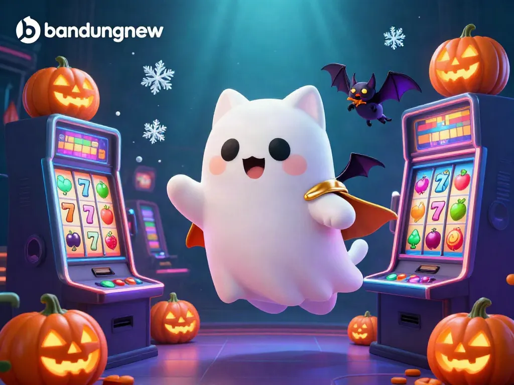 Experience the thrill of winning at bandungnew with a whimsical ghost cat and vampire bat in a vibrant casino.