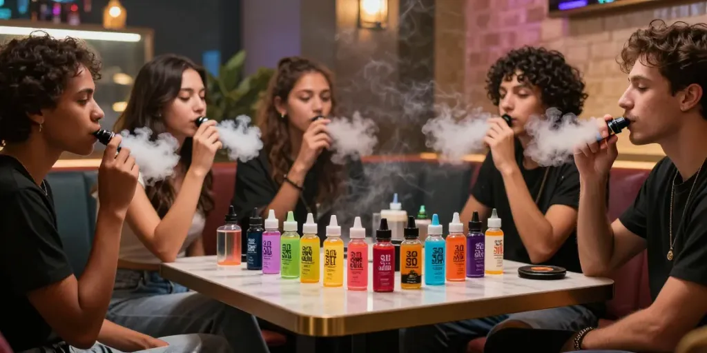 Group of vapers enjoying salt nicotine vape juices in a modern lounge.