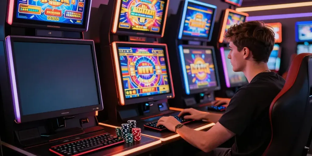 Permainan slot777 online dengan atmosfer seru di ruang gaming modern.