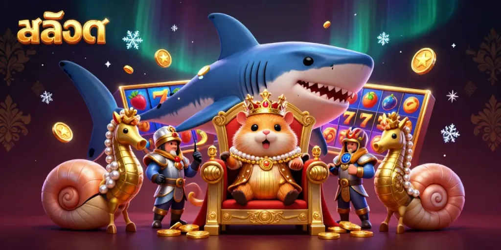 Spin the สล็อต reels in a dynamic 3D illustration featuring royal characters and vibrant casino elements.