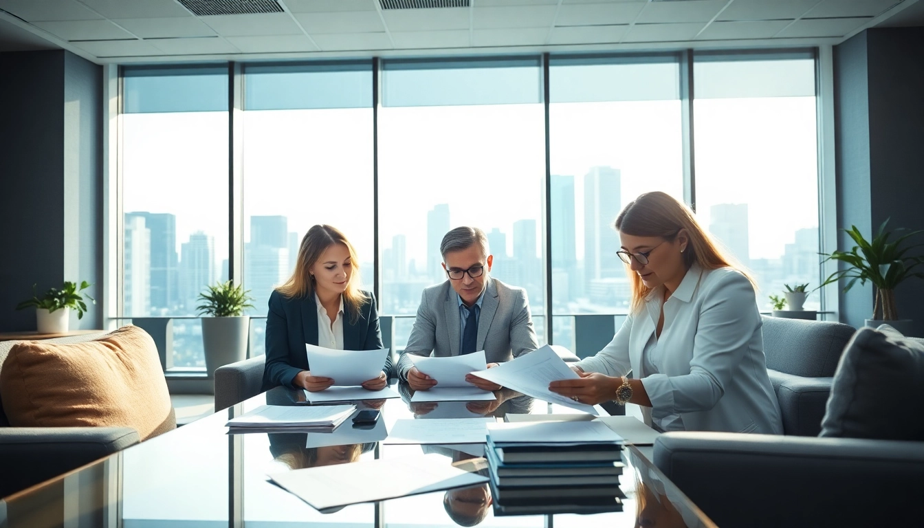 Title Insurance Services team discussing property documents in a bright professional setting.