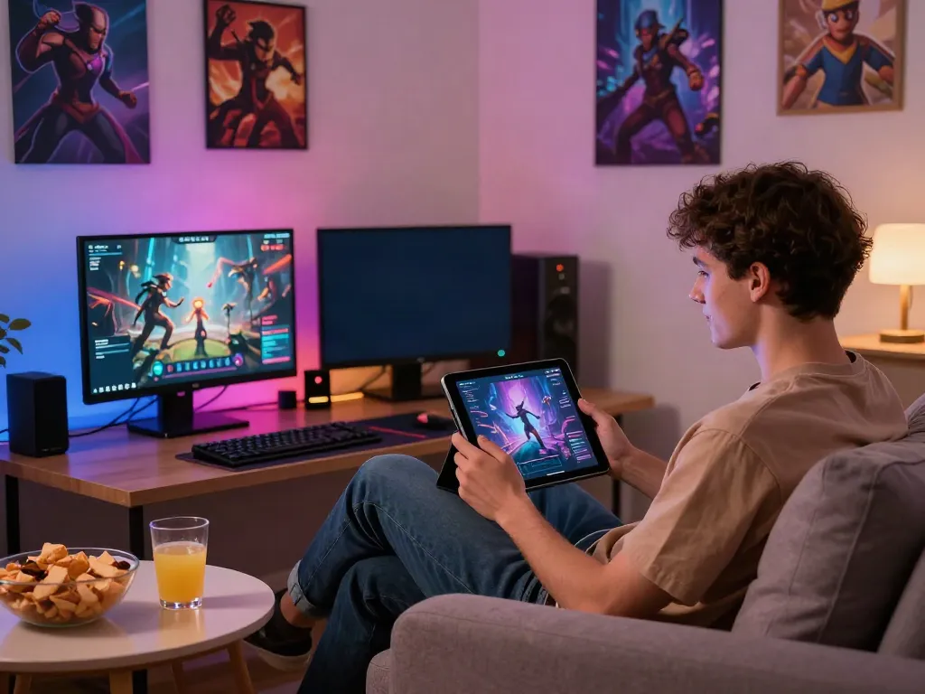 DA88 gaming enthusiast enjoying a tablet in a cozy setting.