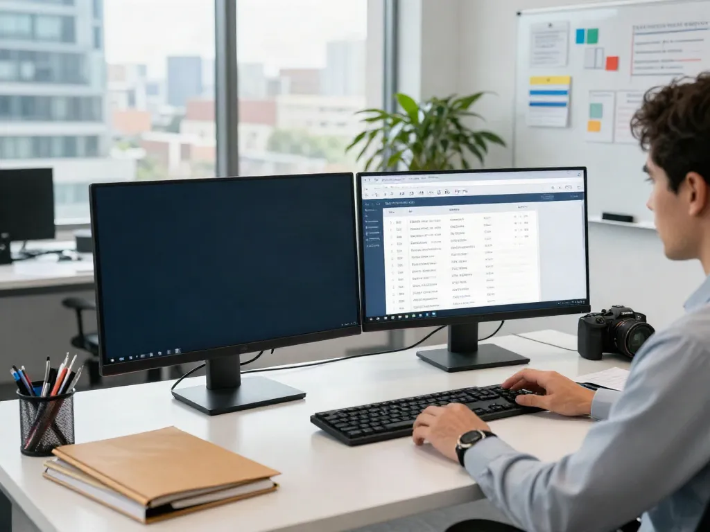 Productive scene showing a professional tax preparer using tax office software at a modern desk, analyzing data on multiple monitors.