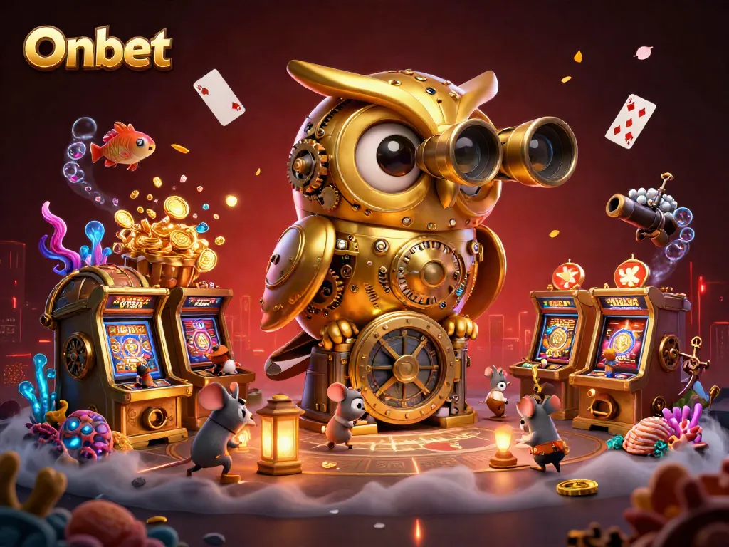 Experience exciting gameplay at Onbet with a whimsical 3D casino scene featuring an enchanting golden owl and vibrant treasures.