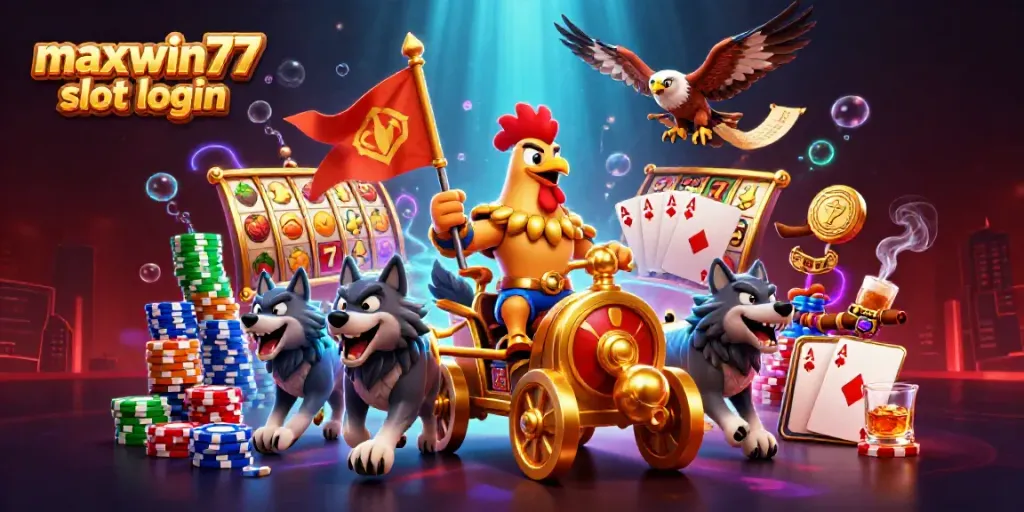 Engage with maxwin77 slot login featuring a 3D rooster warlord and vibrant slot elements.