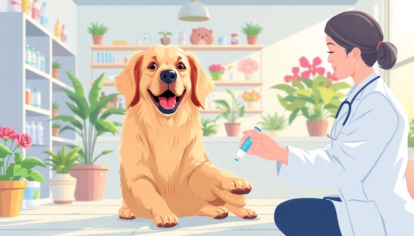 Dog receiving DMSO treatment in a veterinary clinic, showcasing care and comfort.