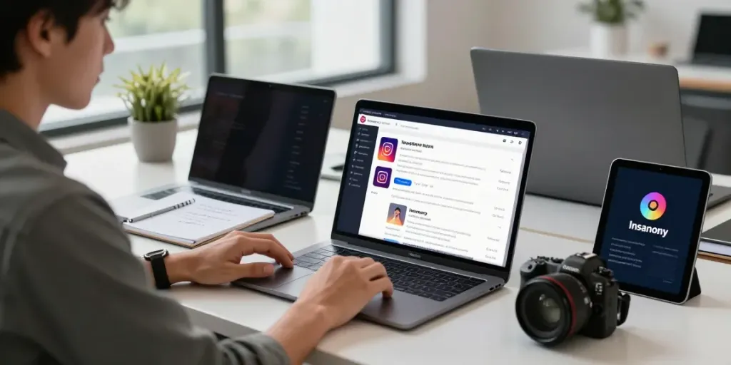Professional workspace showcasing Insanony analytics and app overview on screens.