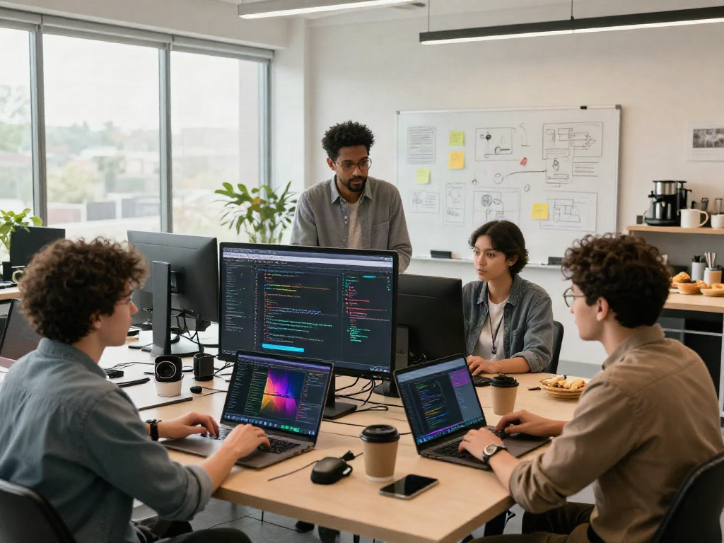 Team collaborating on software development in a bright office, illustrating crush on ai technology innovation.