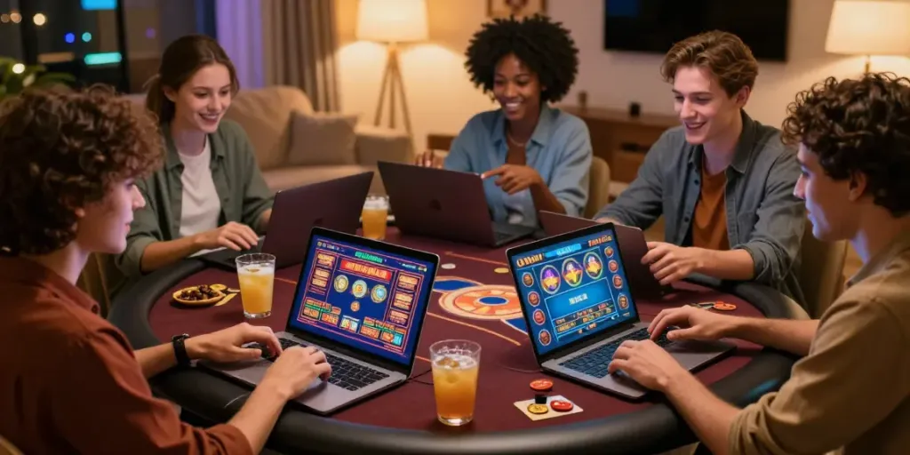 Friends enjoying non GamStop casinos in a cozy living room setting with colorful gaming screens.