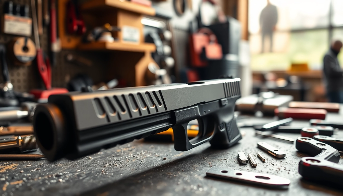 Explore a detailed glock slide showcasing intricate design and craftsmanship on a workbench.