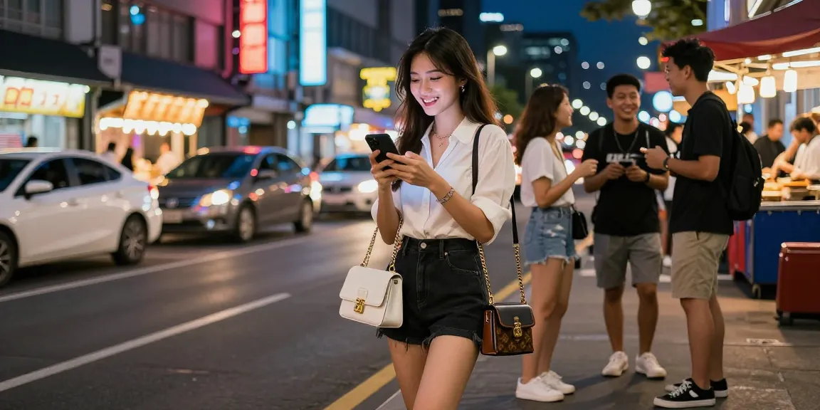 Gái gọi vui vẻ bên bạn bè trong không gian phố phường sôi động