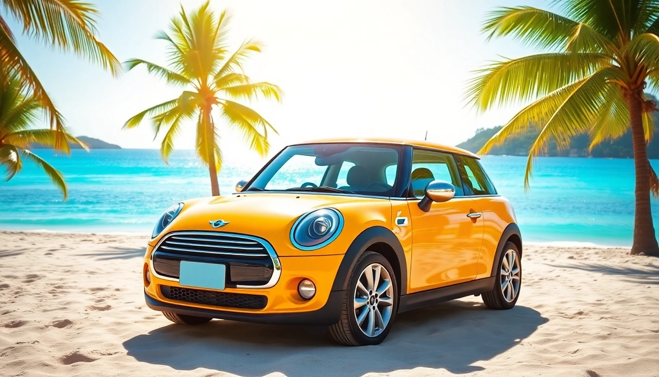 Experience the joy of a mini cooper st barts rental at a stunning beach with tropical surroundings.