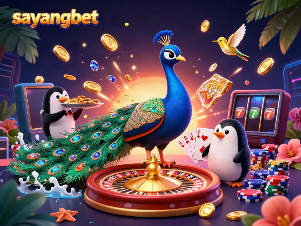 Experience excitement at sayangbet with a majestic peacock and a butler penguin amidst golden coins and colorful chips.
