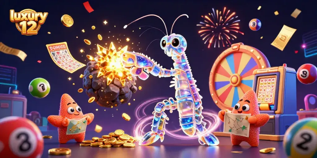 Engaging 3D illustration of luxury 12 gaming experience with vibrant lottery elements and dynamic action.