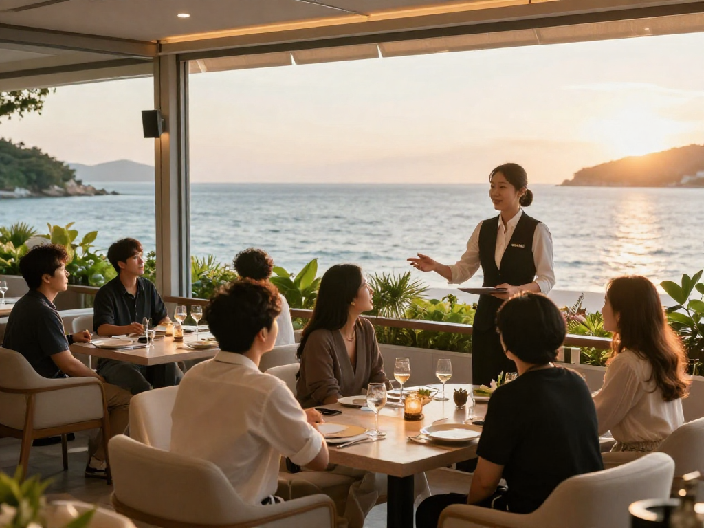여수op professional service provider welcoming clients in a luxurious coastal venue.
