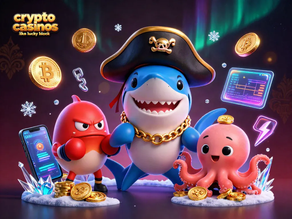 Engage with crypto casinos like lucky block in this vibrant 3D illustration showcasing characters and game elements.