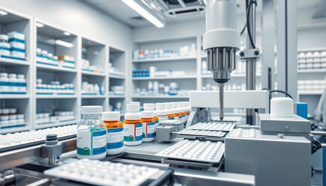 Showcasing innovative pharmaceutical packaging services through advanced machinery in a sterile lab environment.