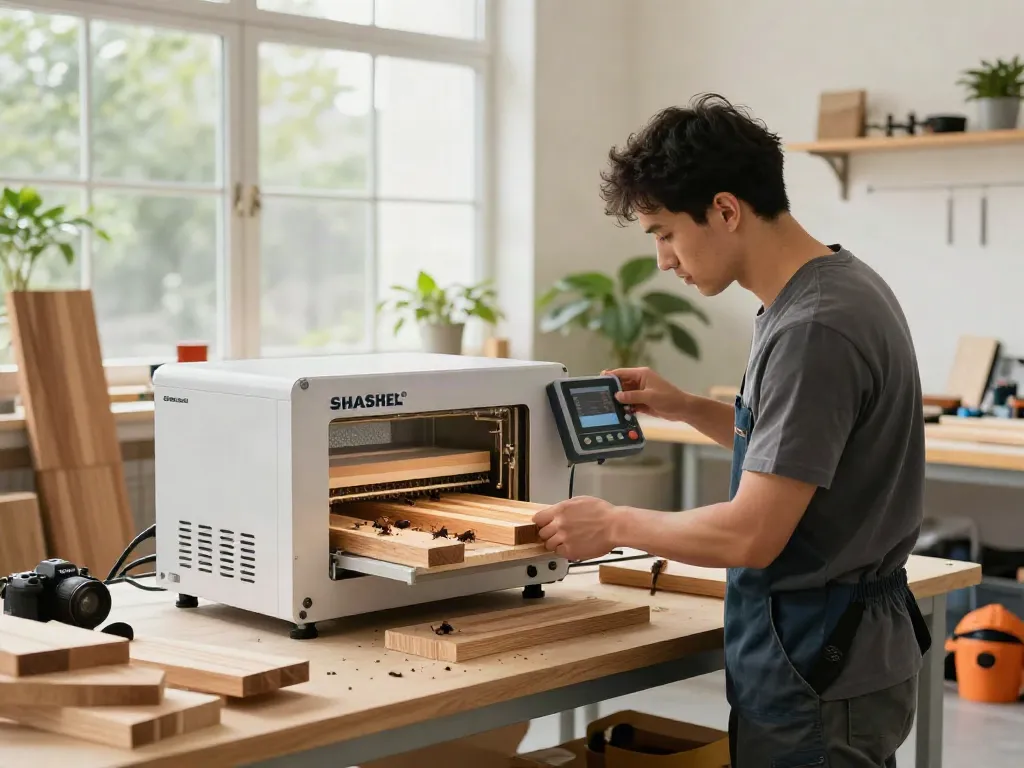 SHASHEL® technician operating microwave wood treatment device in modern workshop.