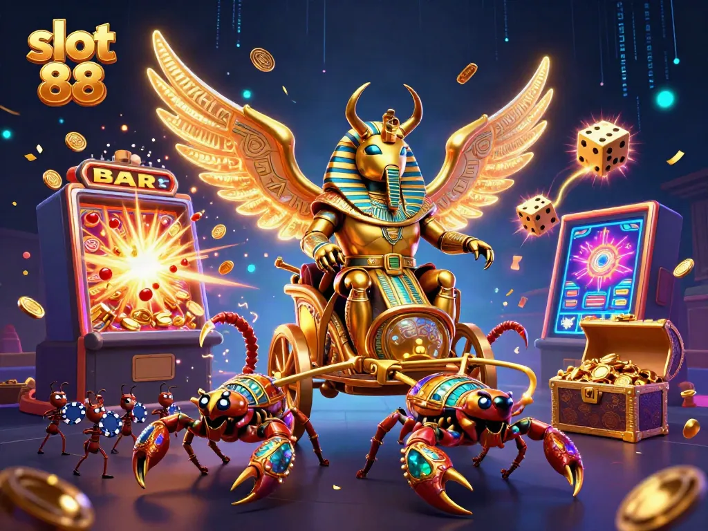 Engage with the vibrant slot 88 scene featuring a golden scarab beetle and jackpot elements.