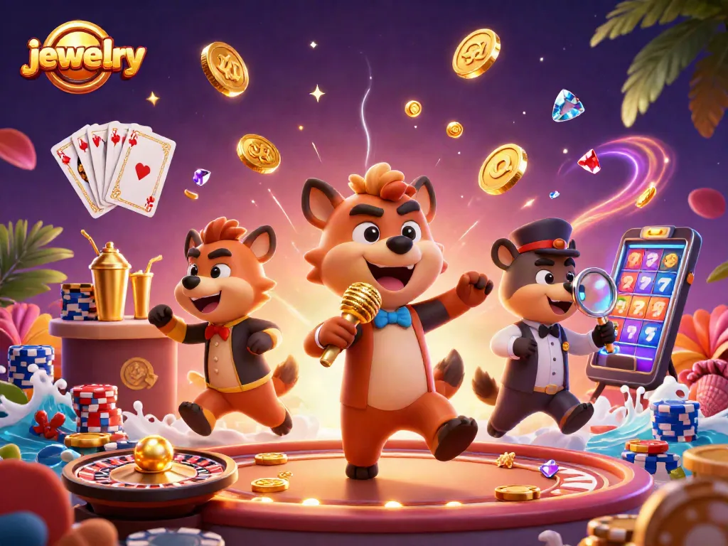 Experience vibrant jewelry casino fun with hyenas in a colorful, luxurious scene.