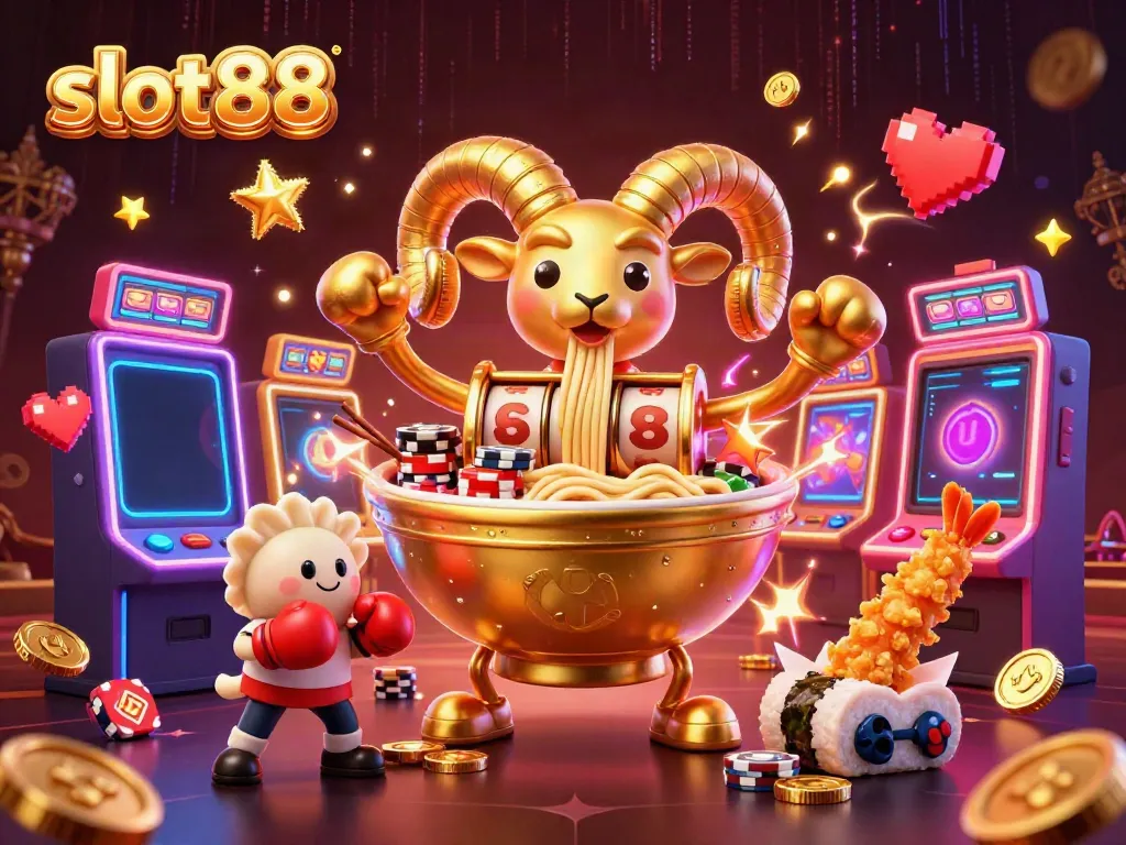 Slot88 memikat dengan ilustrasi 3D karakter kartun bermain mesin slot penuh warna.