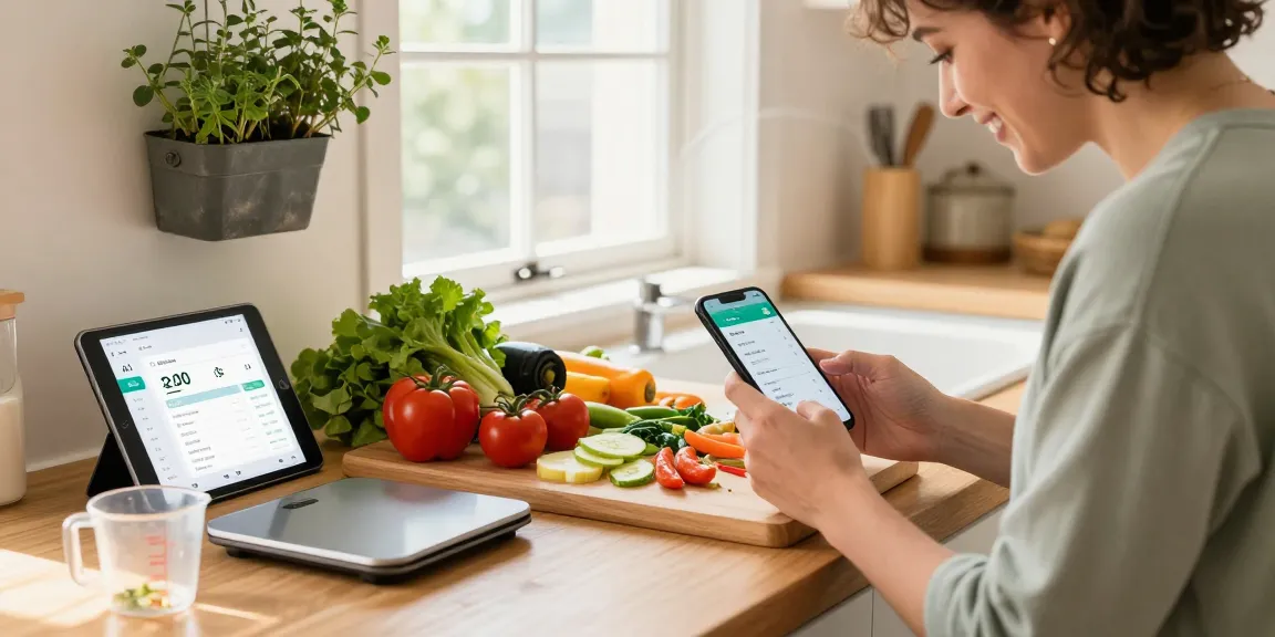 Discover the best calorie tracking apps while logging meals in a vibrant kitchen.