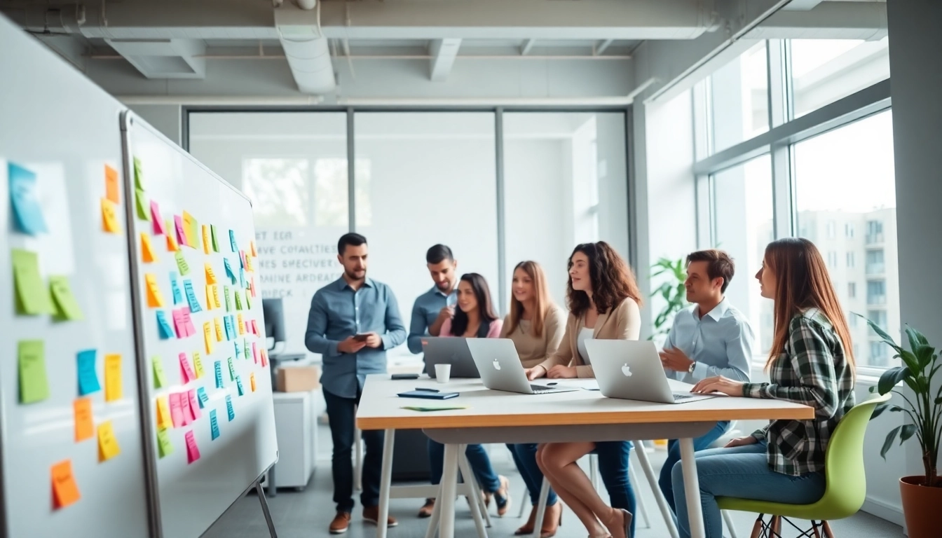 Dynamic collaboration scene of a social media agency team strategizing in an engaging workspace.