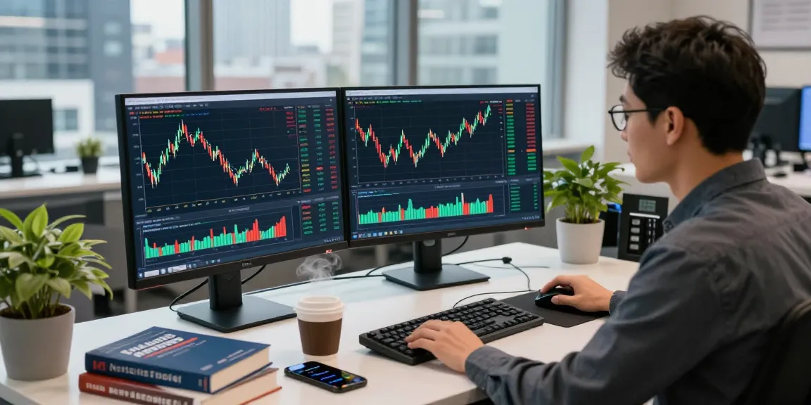 Trader analyzing currency charts on MetaTrader 4 with dual monitors and forex books in a modern office.