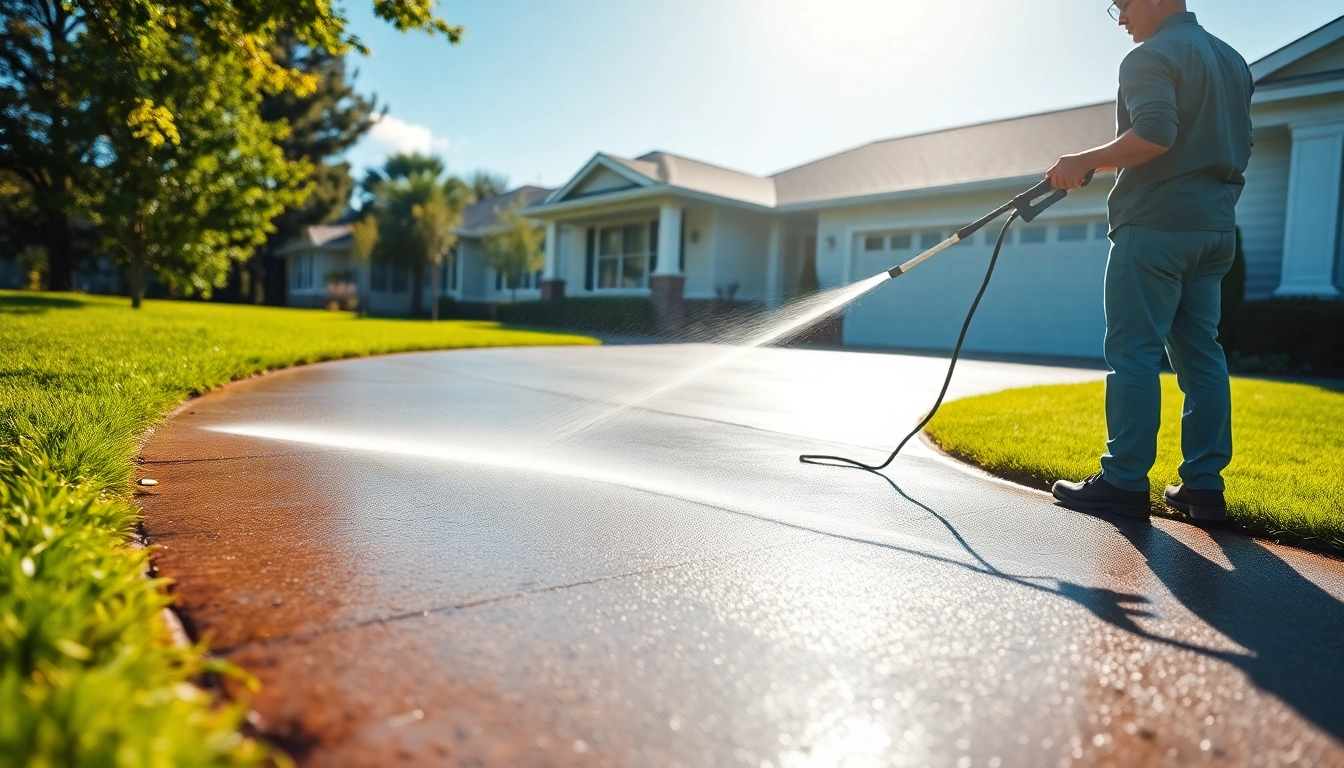 Driveway cleaning underway with a professional using a power washer, showcasing the effectiveness of the service.