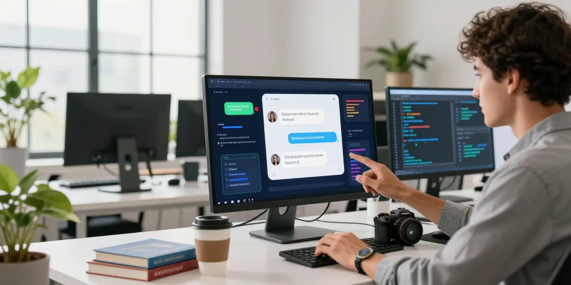 User engaging with spicy chat AI in a modern tech workspace with vibrant data visualizations and a creative atmosphere.