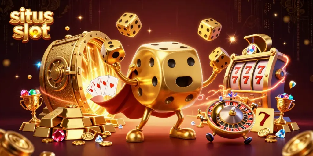 Visualisasikan situs slot dengan dadu emas dan mesin slot berkilauan dalam ilustrasi 3D menakjubkan.