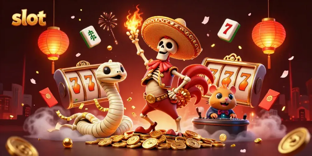 Memenangkan jackpot slot dengan karakter kartun kerangka mariachi, ular mummy dan hamster zombie DJ di festival kasino yang berwarna-warni.