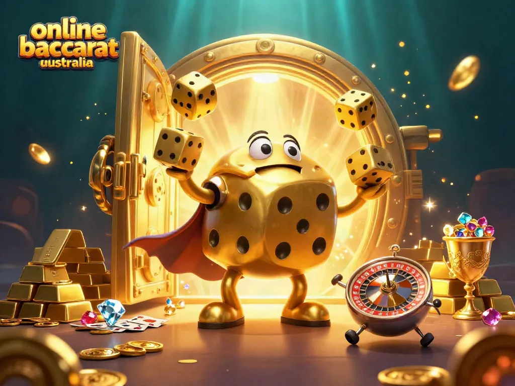 Experience thrilling online baccarat Australia with a magical dice golem juggling golden dice in a treasure-filled scene.